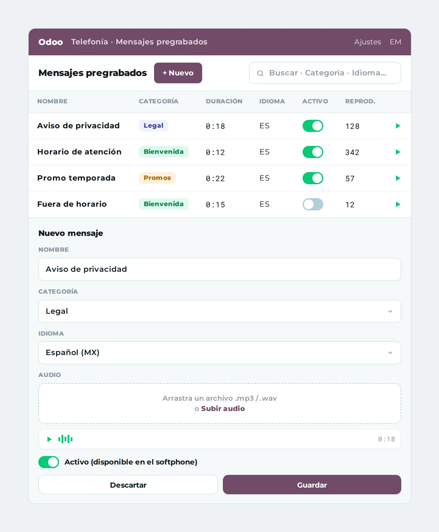 Módulo de Odoo para administrar los mensajes pregrabados: tabla con categoría, duración, idioma, estado y reproducciones, más el formulario para cargar audio.