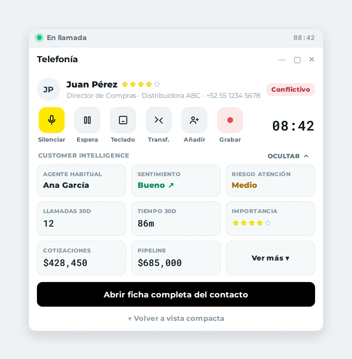 Customer Intelligence expandido durante la llamada: agente habitual, sentimiento, riesgo, actividad de 30 días, cotizaciones y pipeline.