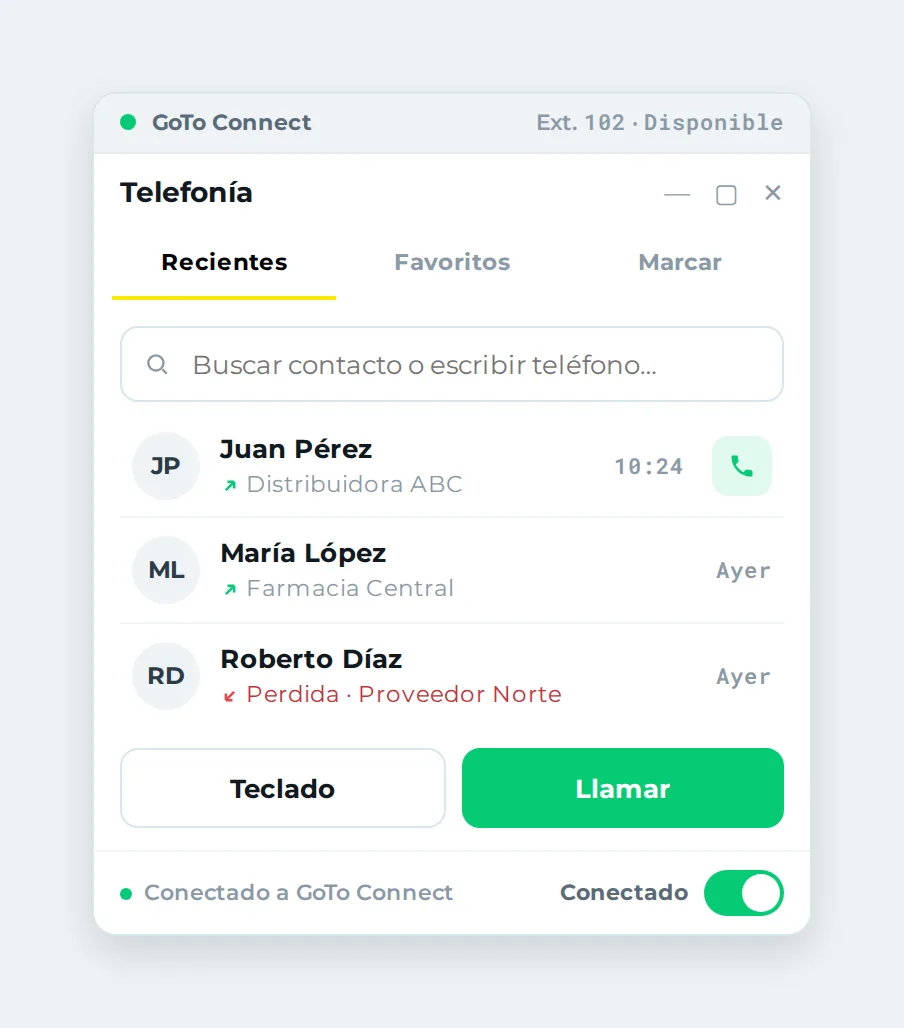 Pantalla de inicio del softphone con buscador, recientes y switch de conexión.
