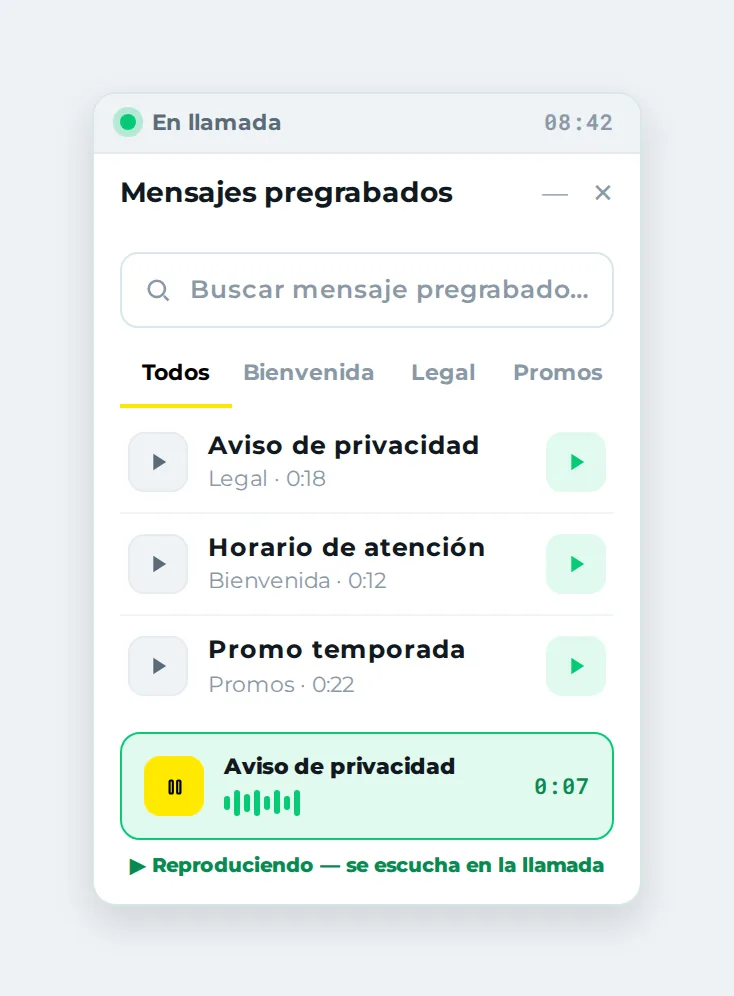 Selector de mensajes pregrabados dentro de una llamada activa.