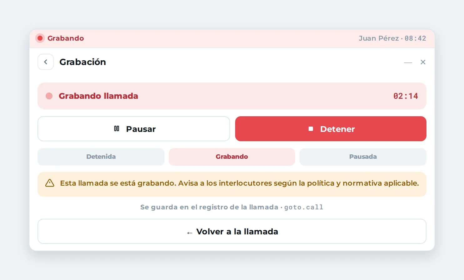 Control de grabación de llamada con iniciar, pausar y detener, y aviso de consentimiento.