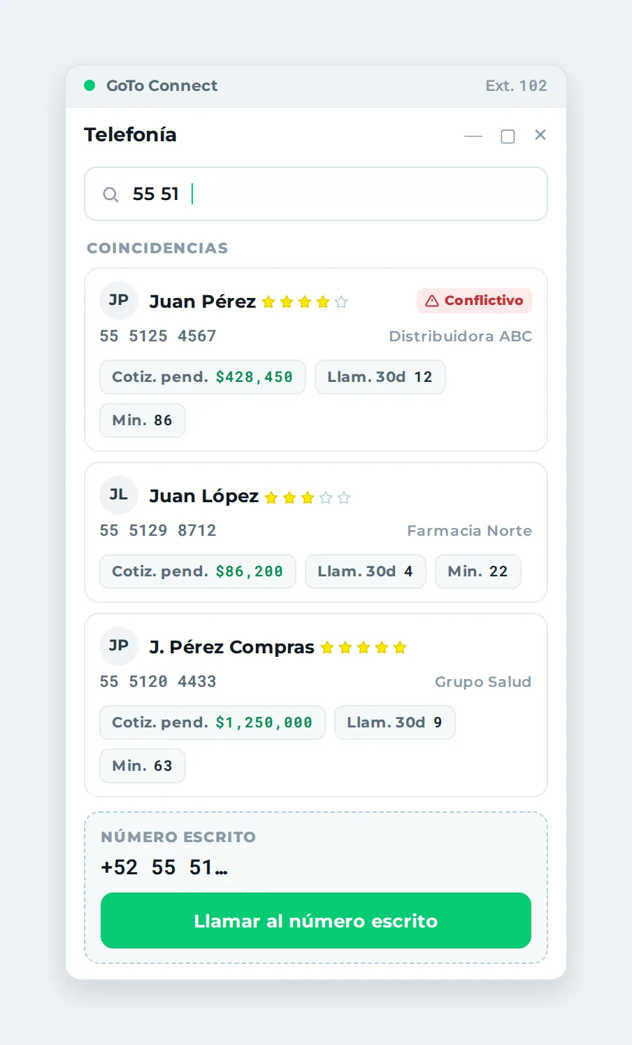 Búsqueda de contacto con score, indicador de conflictivo y cotizaciones por coincidencia.